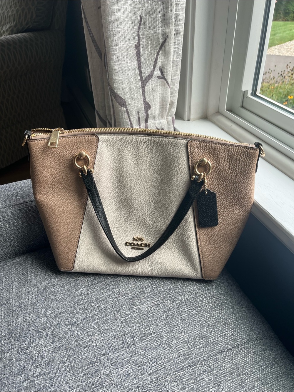 Coach Colorblock Leather Tote in Cream and Taupe
